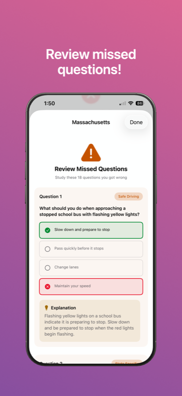 Review screen for missed questions with explanations